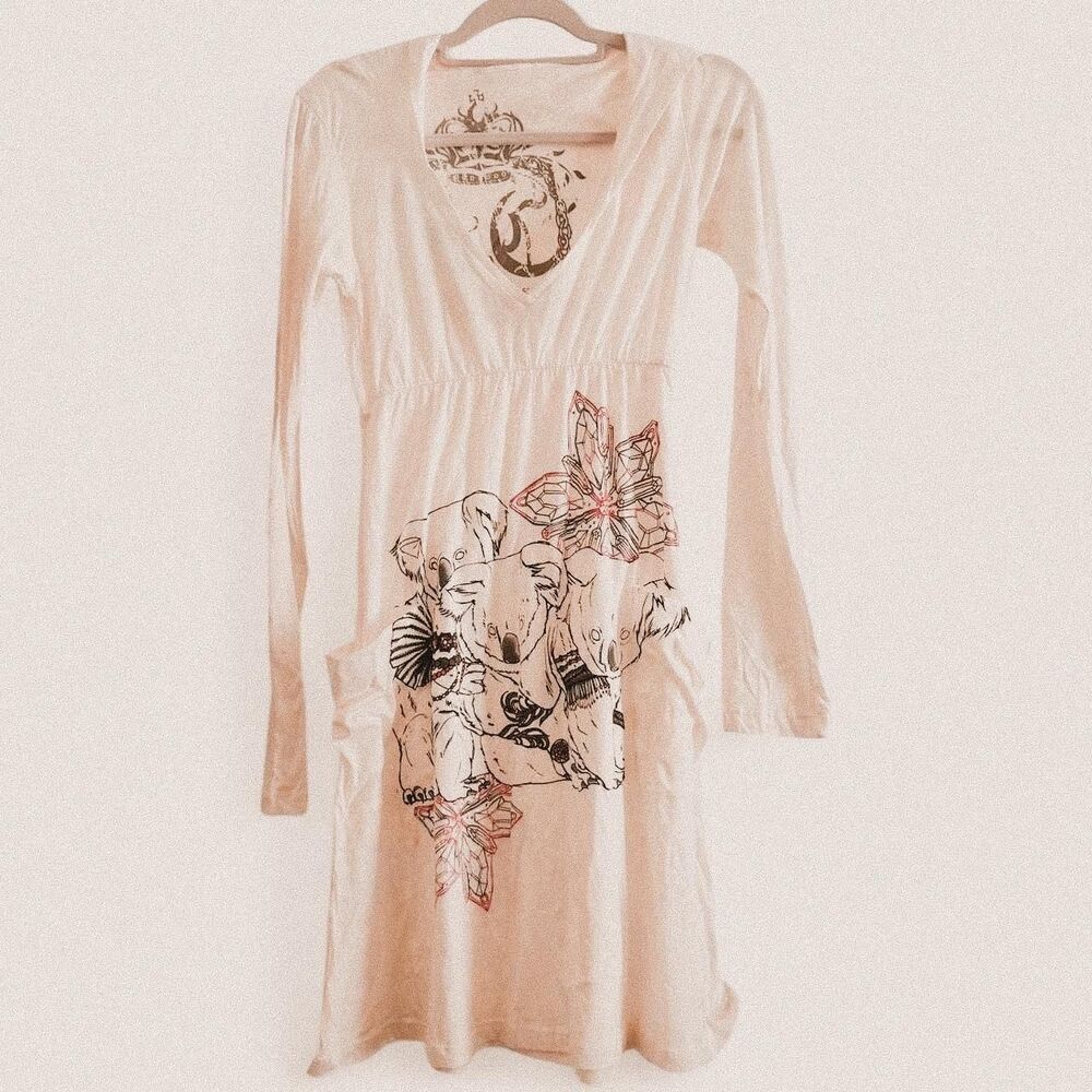 Vintage Y2K Key Closet White Koala Graphic Tunic Dress Hooded small